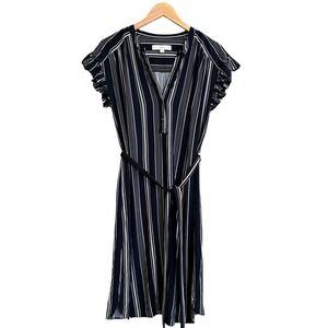 LOFT Women's Striped Midi Dress with Belt, Button Front,‎ Navy Blue Size S #249